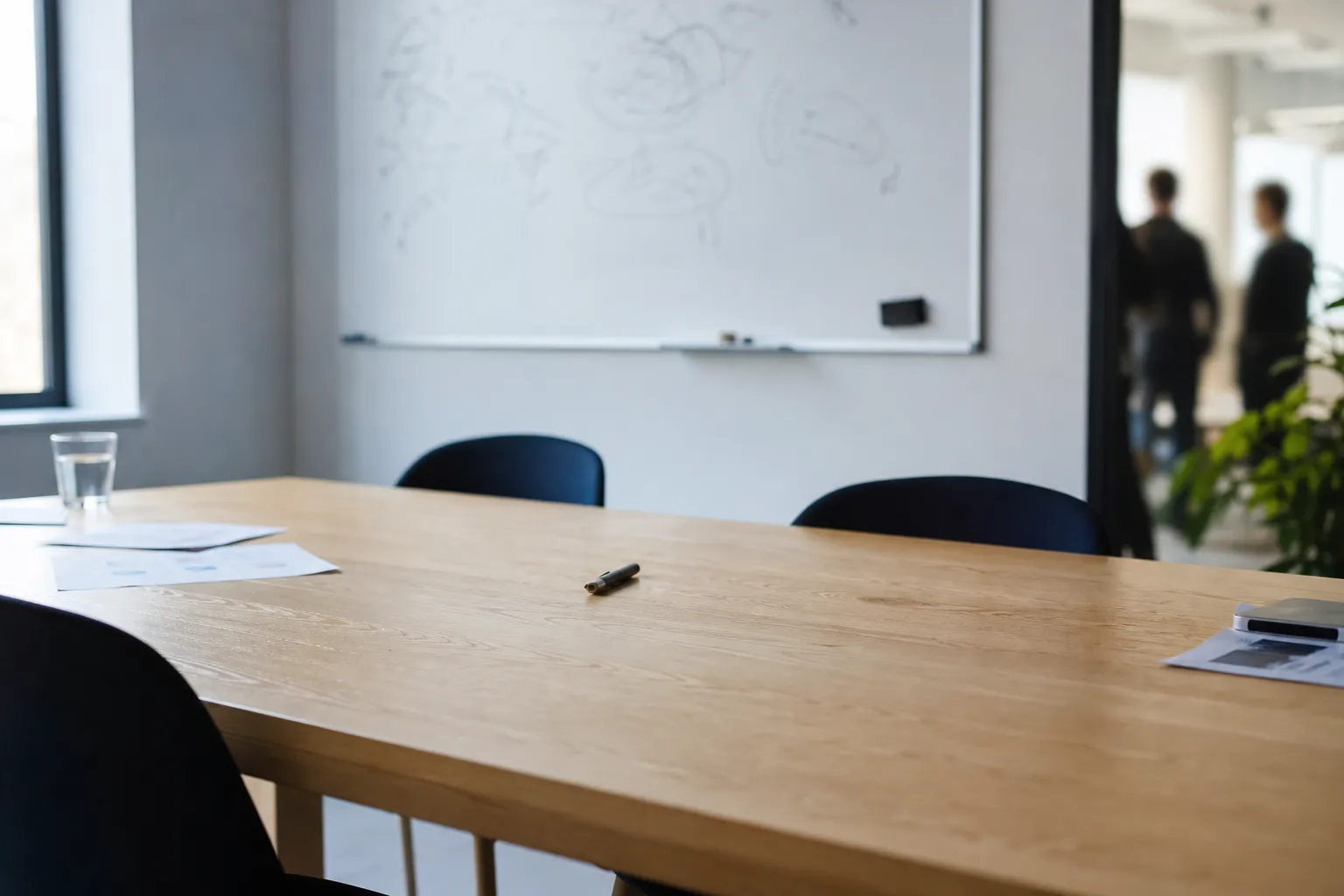 Table de réunion sobre dans une salle de travail minimaliste, sans visage identifiable