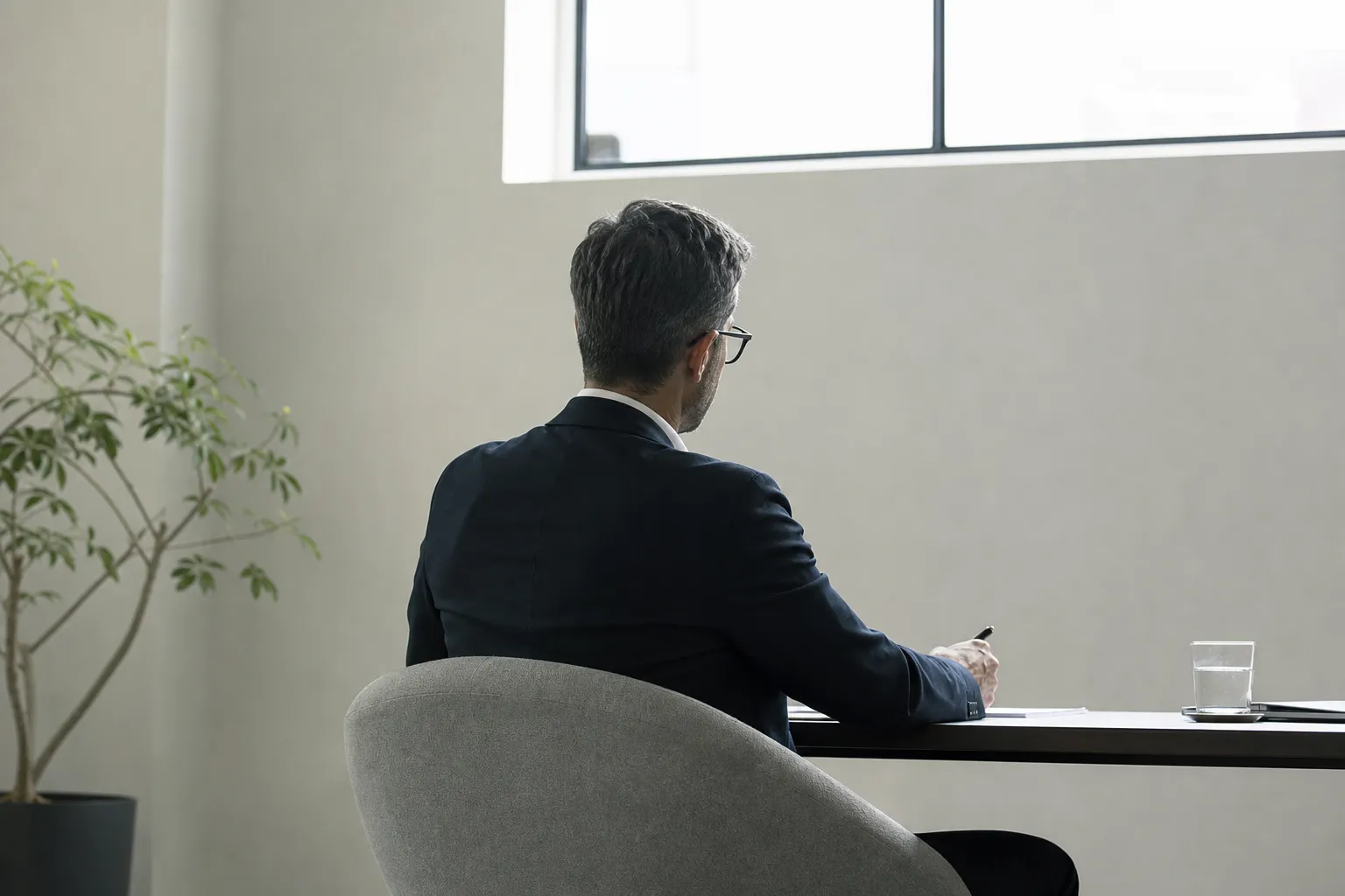 Portrait discret d’un coach de dirigeant, de trois-quarts dos, dans un bureau sobre